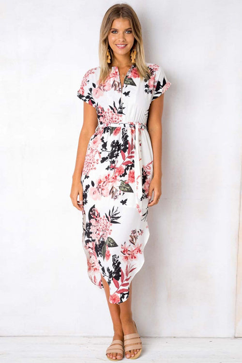 Split-neck Floral Print Midi Dress - 3 Colors White