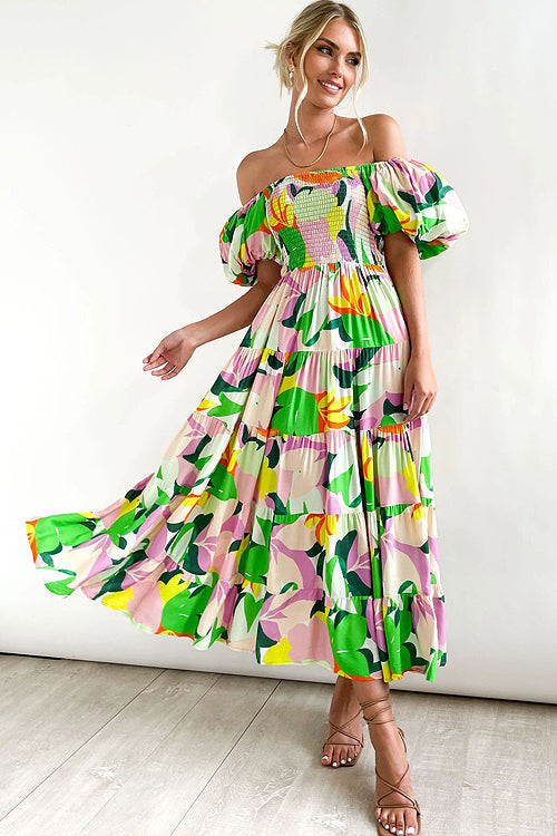 Darling Daylily Floral Print Off Shoulder Smocked Maxi Dress - 6 Colors Bright Green