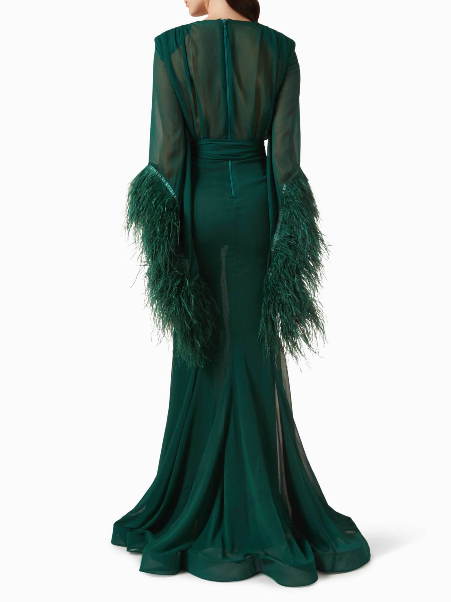 Elegant V-Neck Feather Cuff Chiffon Flowing Party Maxi Dress