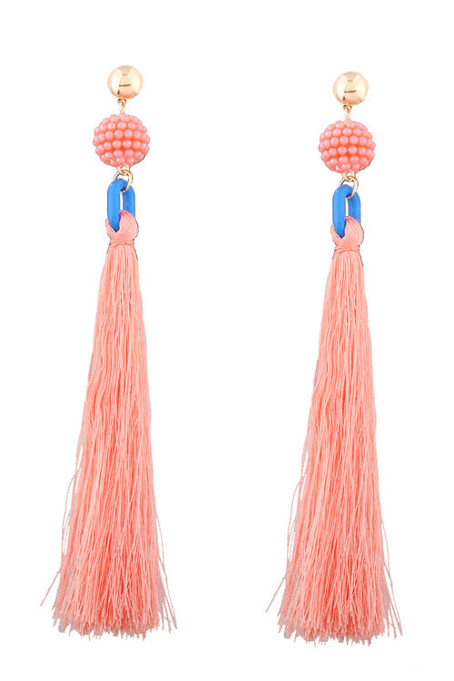 Tassel Bead Long Earrings Pink
