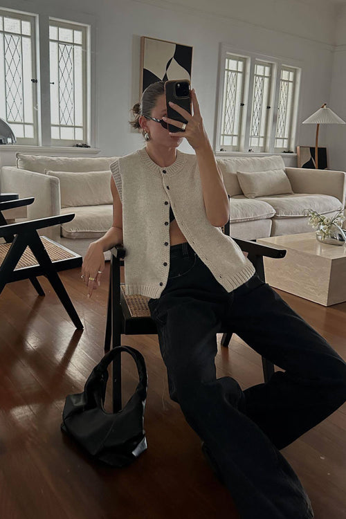 See You Soon Sleeveless Button Down Knit Top - 2 Colors Beige