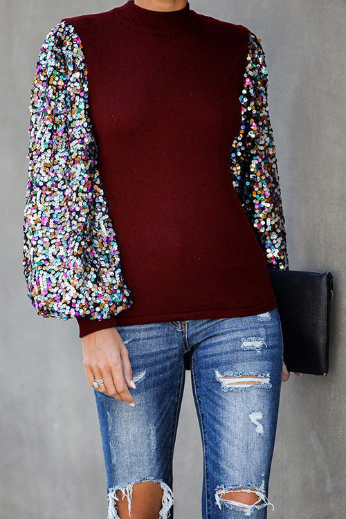 Holiday Ready Colorful Sequins Knit Top Wine