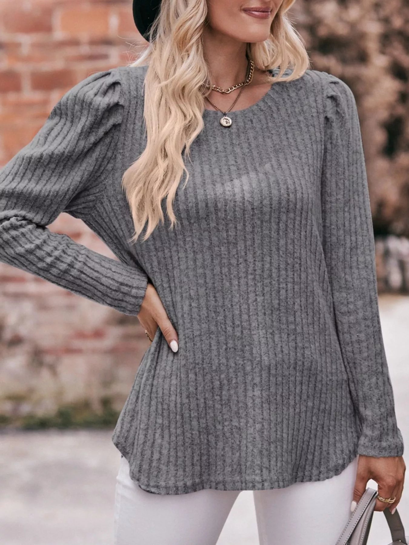 Ribbed Knit Puff Sleeve T-Shirt