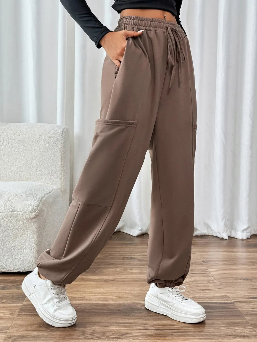 Taupe Jogger Pants – Tie Waist, Handy Pockets