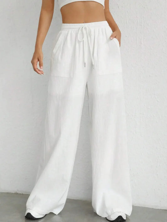 Drawstring Wide Leg Pants White
