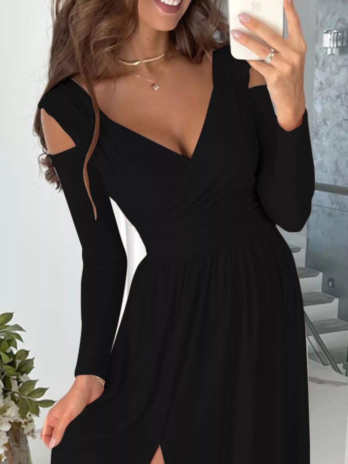 Slit Surplice Cold Shoulder Maxi Dress – Elegant Evening Wrap Dress for Women