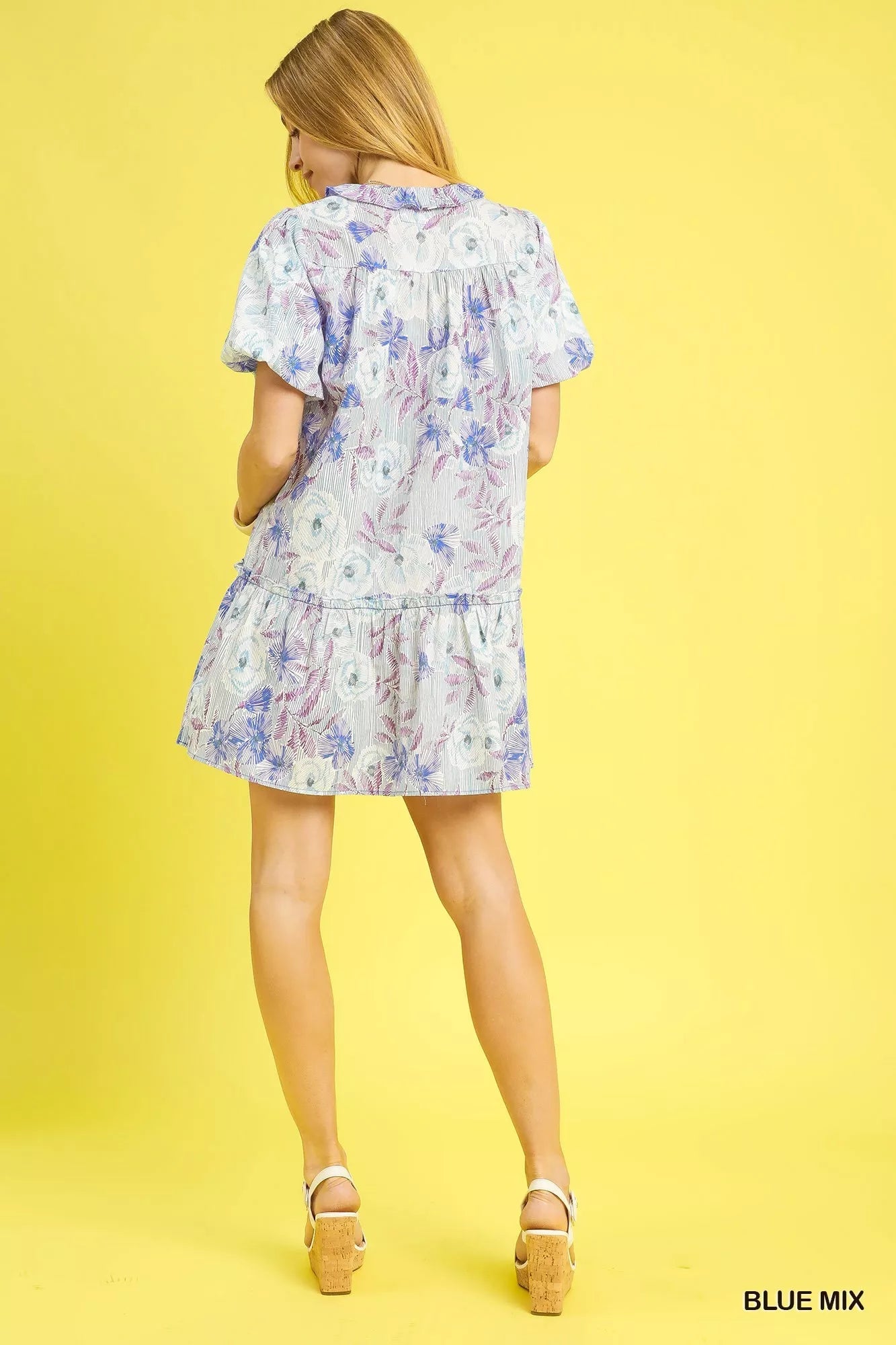 Blue Mix Floral Ruffled Puff Sleeve Mini Dress – Romantic Short Sleeve Summer Dress for Women