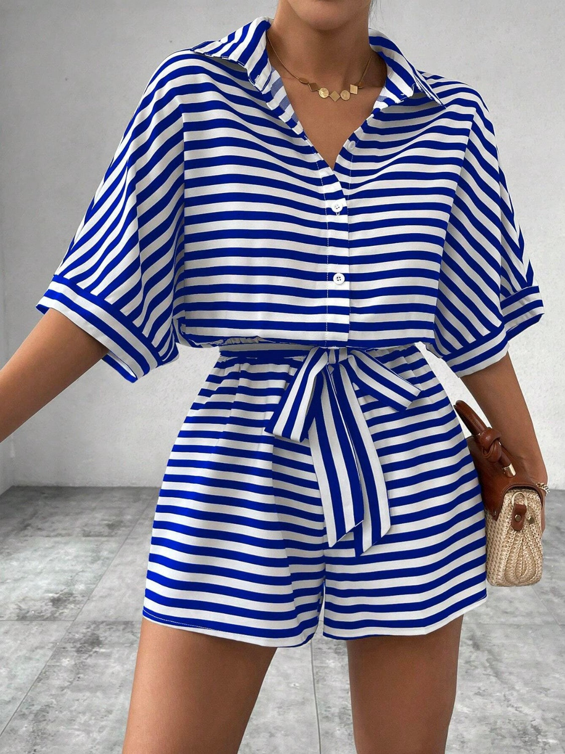 Striped Romper - Tie Waist