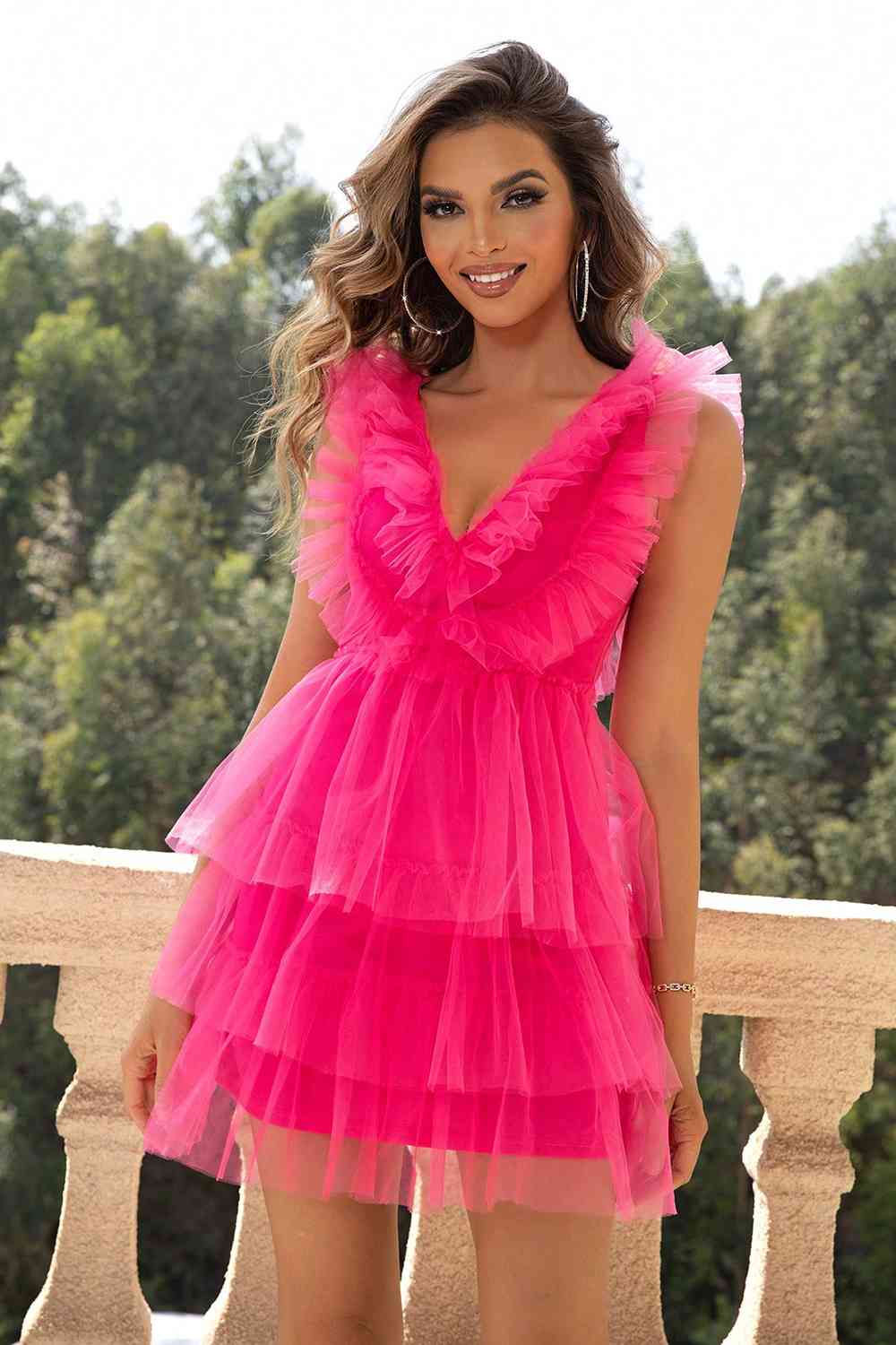 Hot Pink Ruffled V-Neck Sleeveless Mesh Dress