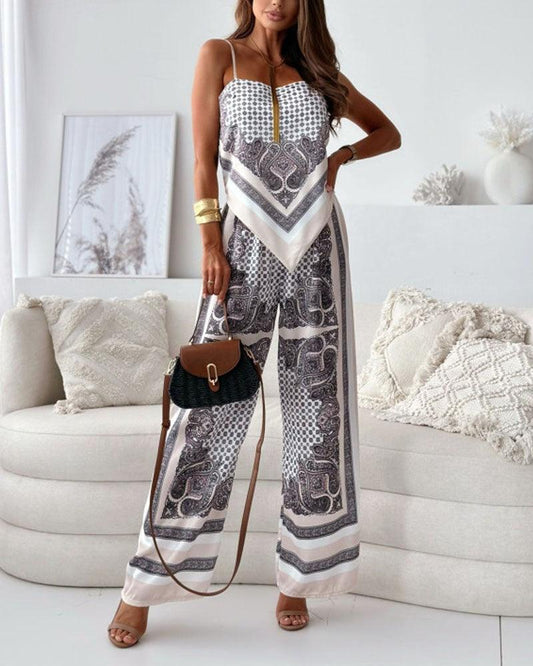 Stylish Printed Lace-Up Vest & Pants Two-Piece Set Apricot
