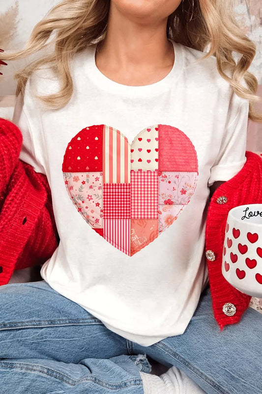 Floral Plaid Mixed Patchwork Heart-shape Graphic T Shirt