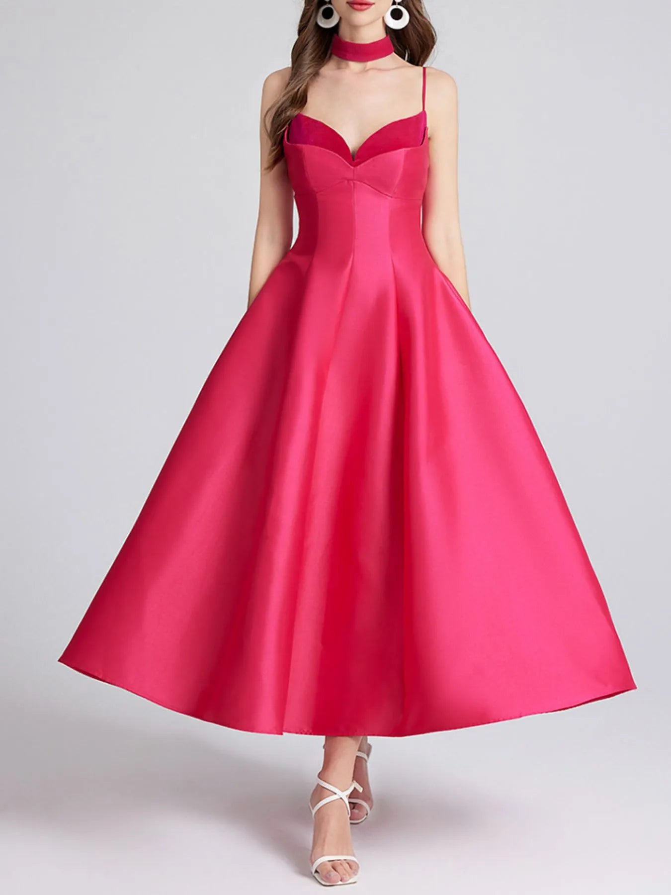Sweetheart Spaghetti Strap Midi Dress with Collar – Elegant Summer Dress