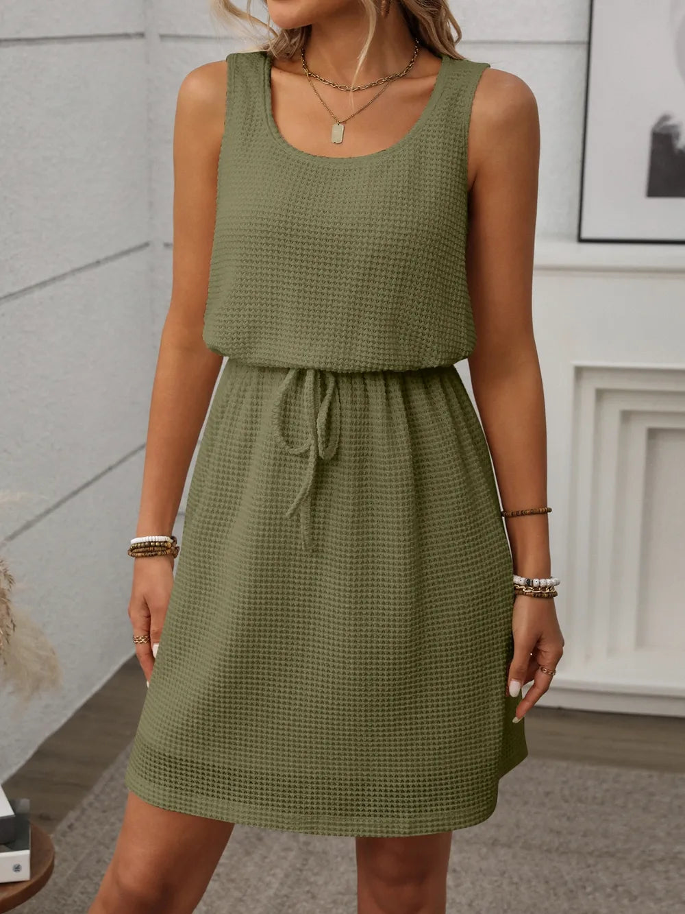 Waffle Mini Dress - Drawstring