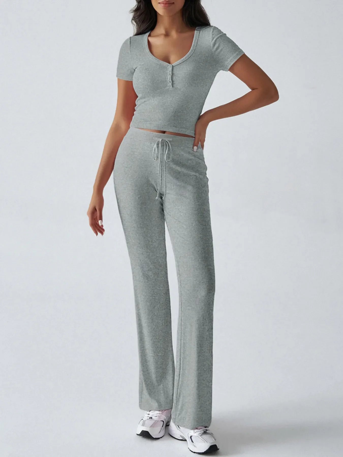 Casual Ribbed Short Sleeve Top and Pants Set