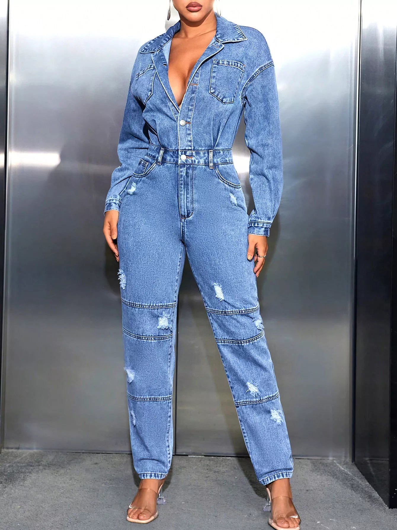 Women’s Distressed Long Sleeve Denim Jumpsuit – Casual Button-Down Utility One Piece