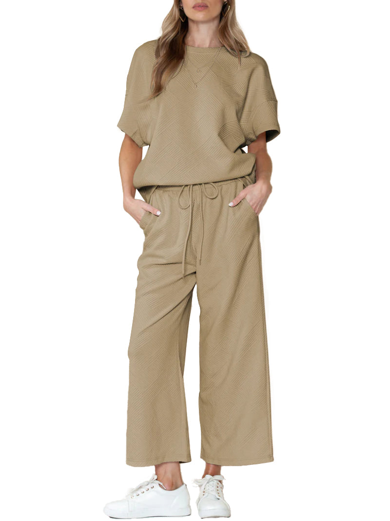 ⏰Hot Sale-Women's Textured Loose Fit T Shirt and Drawstring Pants Casual Set (Buy 2 Free Shipping)