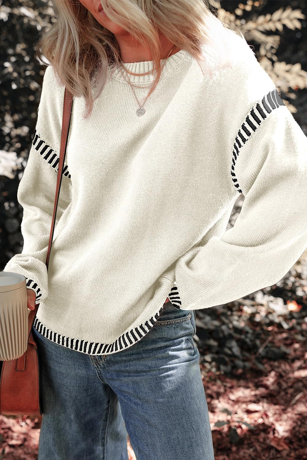 ⏰Hot Sale- Women's Cozy Contrast Trim Crewneck Sweater (BUY 2 FREE SHIPPING)