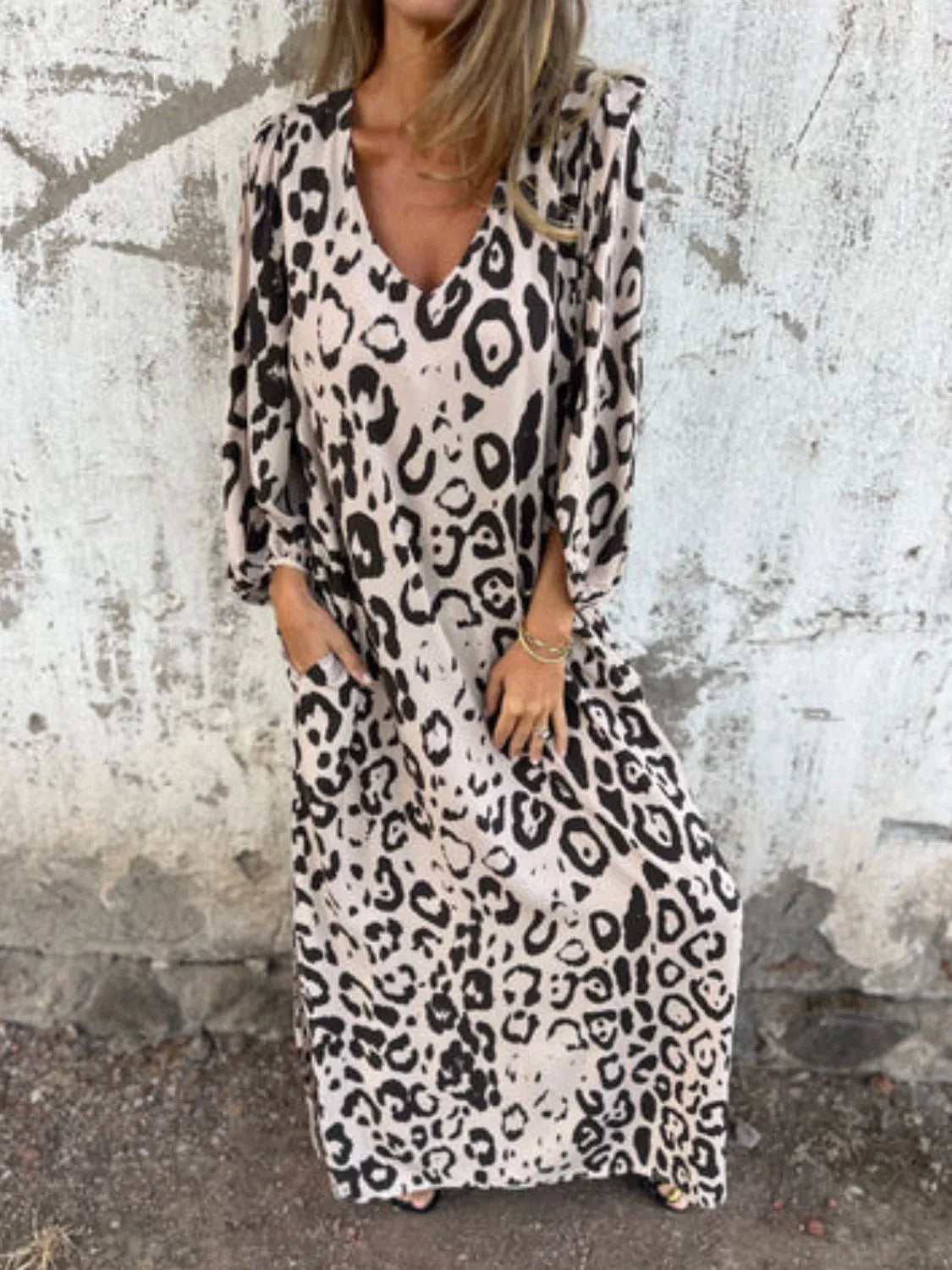 Full Size Printed V-Neck Dress with Pockets Plus Size