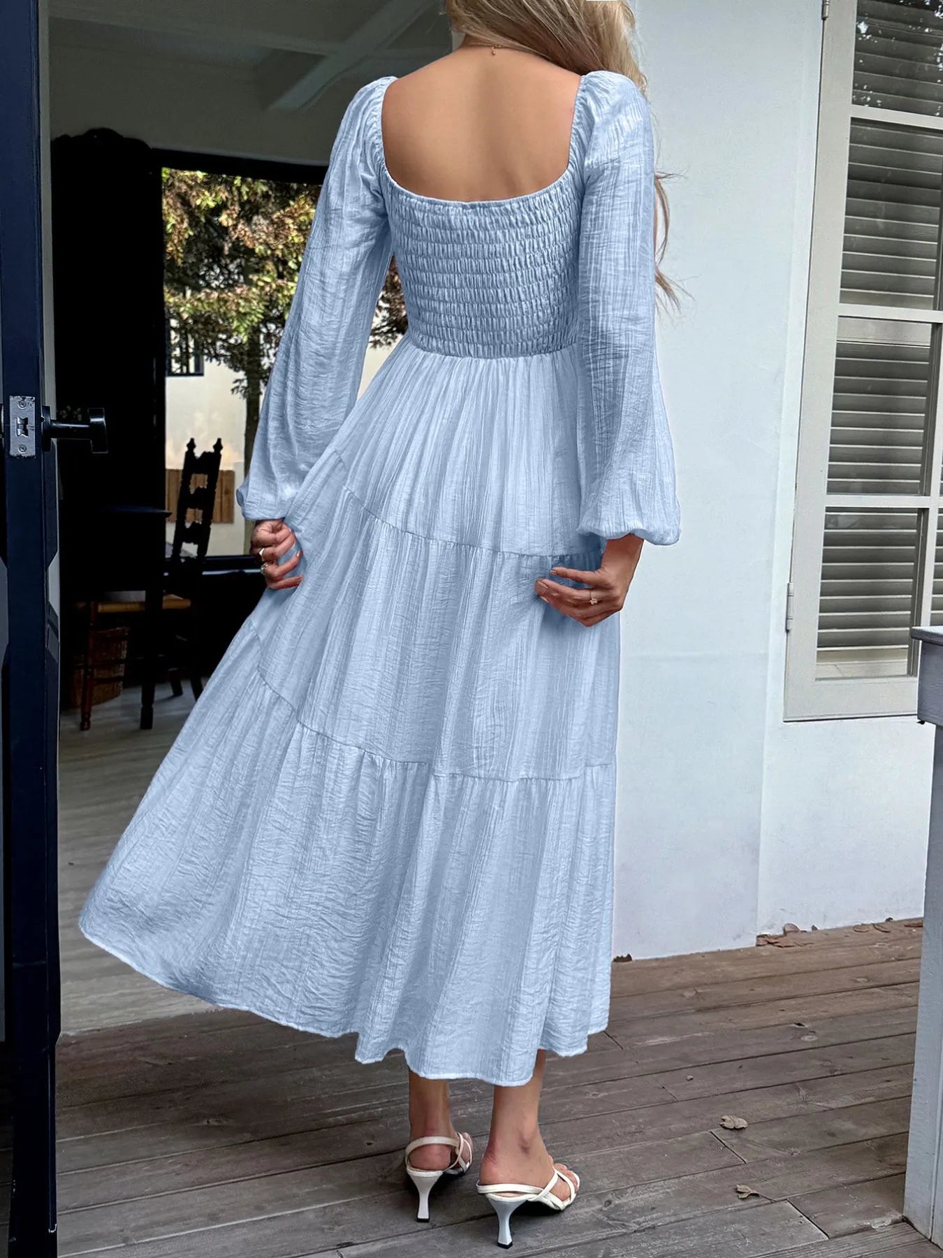 Tiered Balloon Sleeve Midi Dress – Elegant Long Sleeve Boho Dress for Women