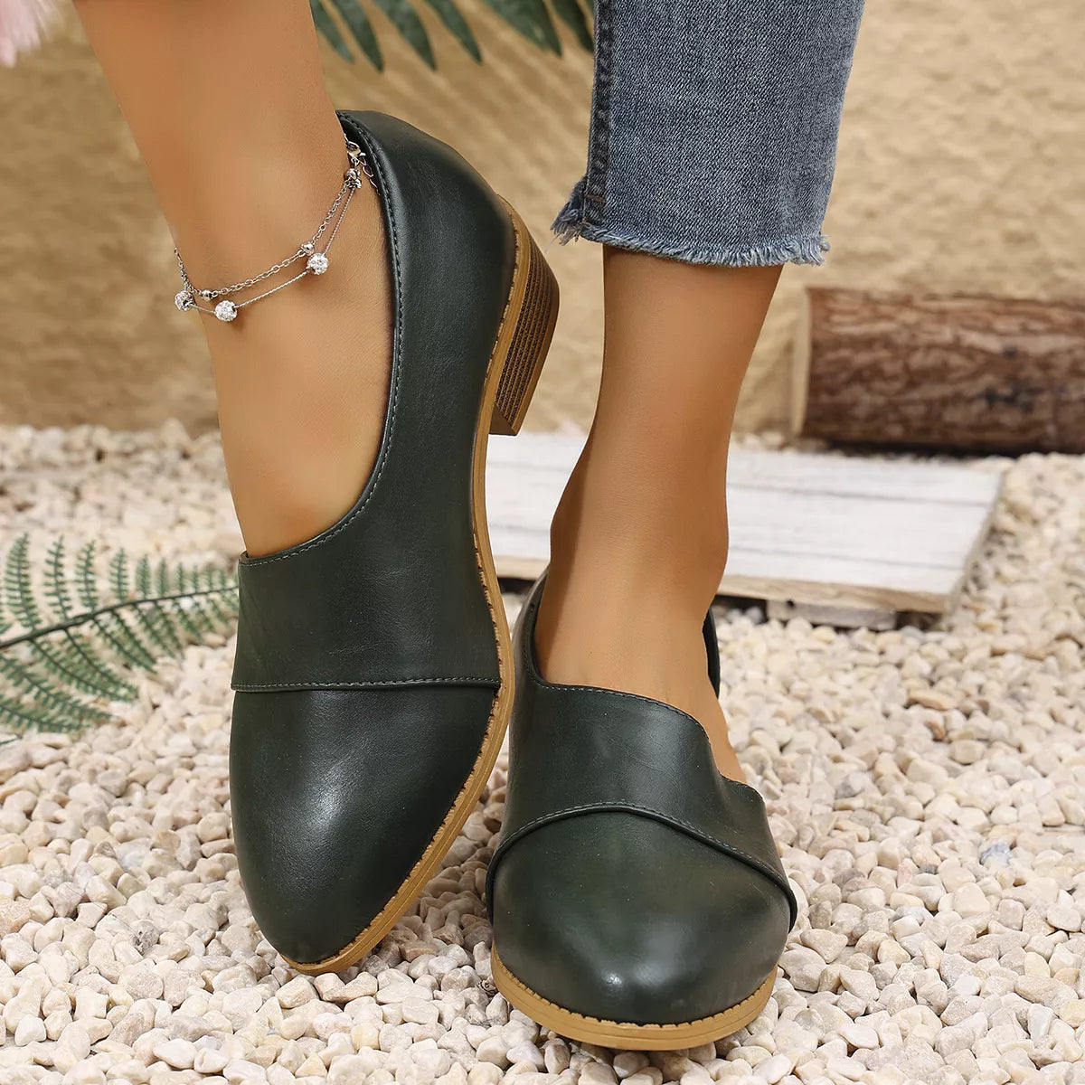 Women’s Pointed Toe Block Heel Loafers – Elegant Slip-On Dress Shoes for Work & Casual Outfits