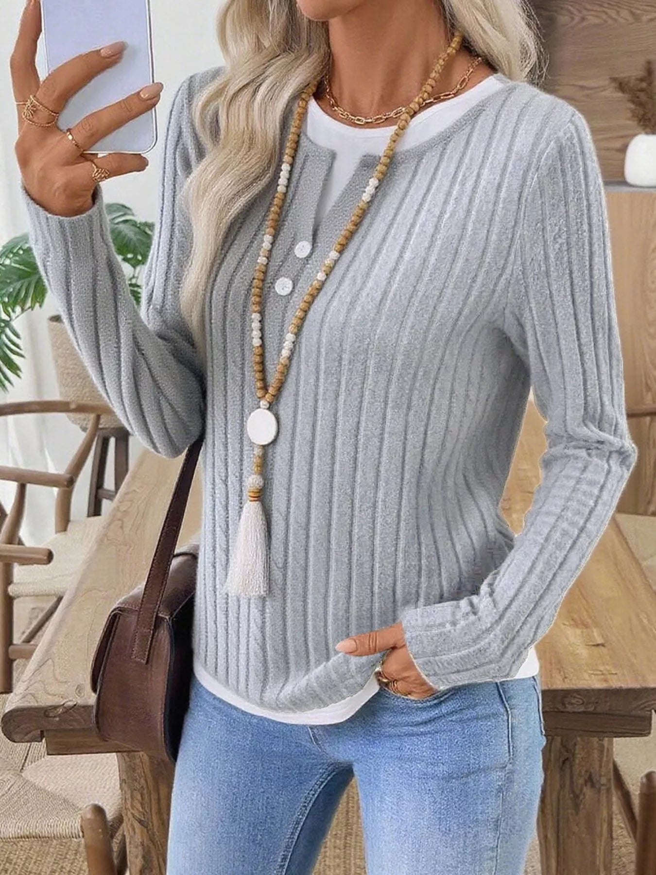 Ribbed Knit Long Sleeve Henley T-Shirt