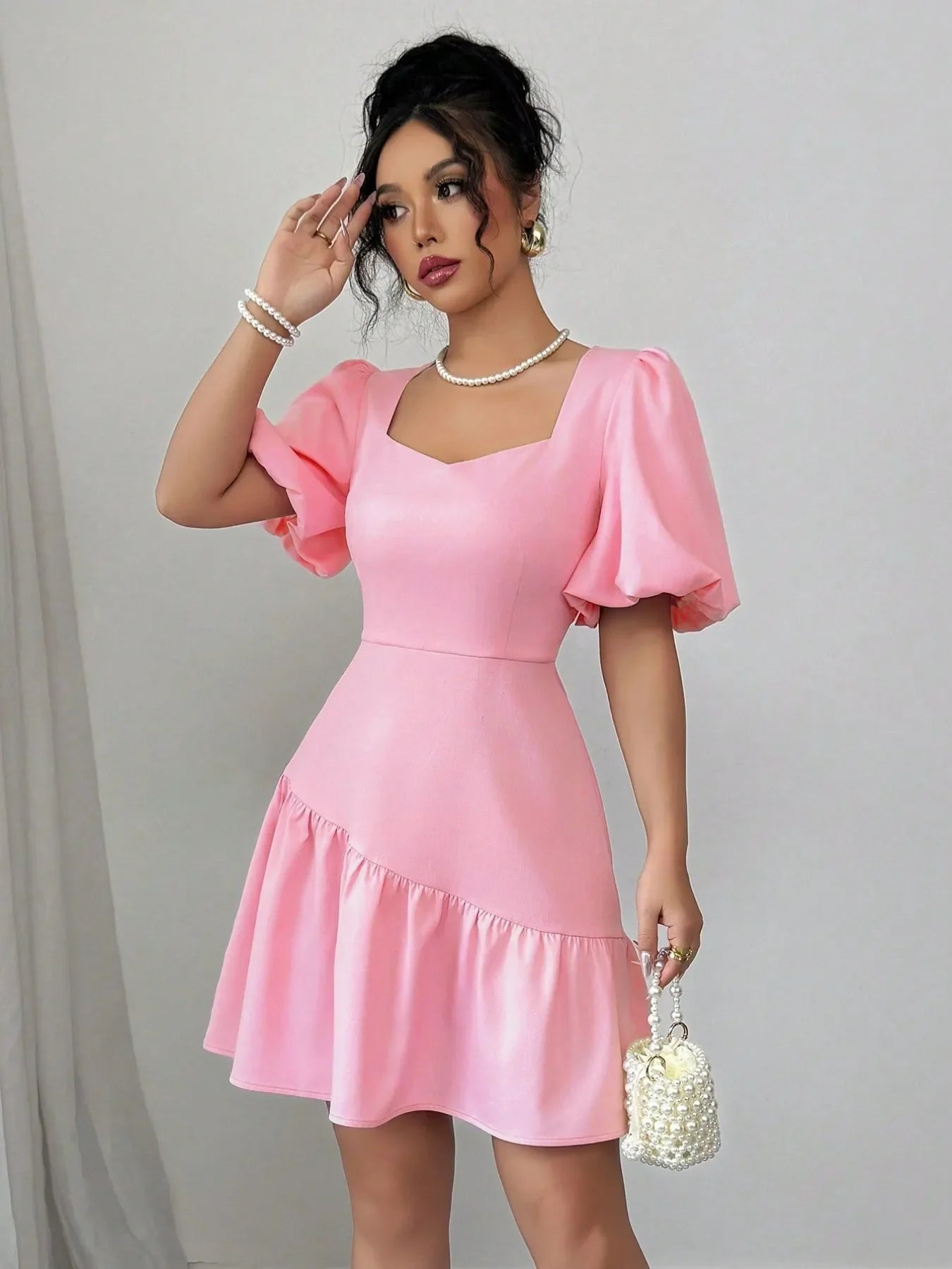 Pink Ruffled Hem Puff Sleeve Mini Dress – Feminine Short Sleeve Summer Dress for Women