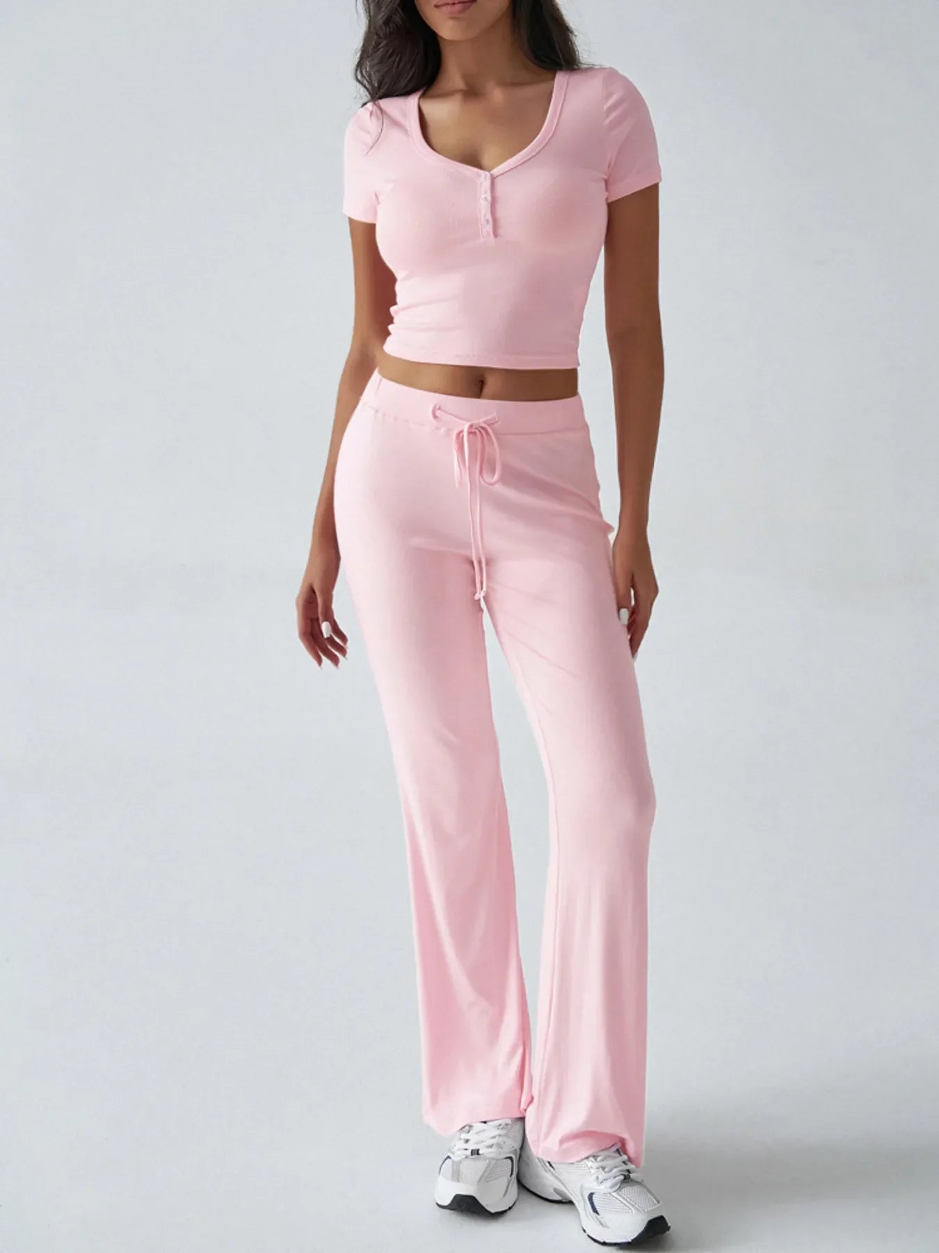 Casual Ribbed Short Sleeve Top and Pants Set