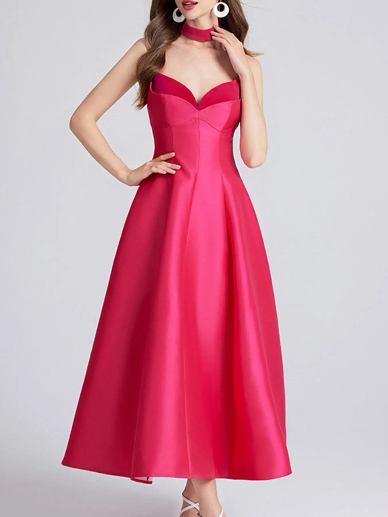 Sweetheart Spaghetti Strap Midi Dress with Collar – Elegant Summer Dress