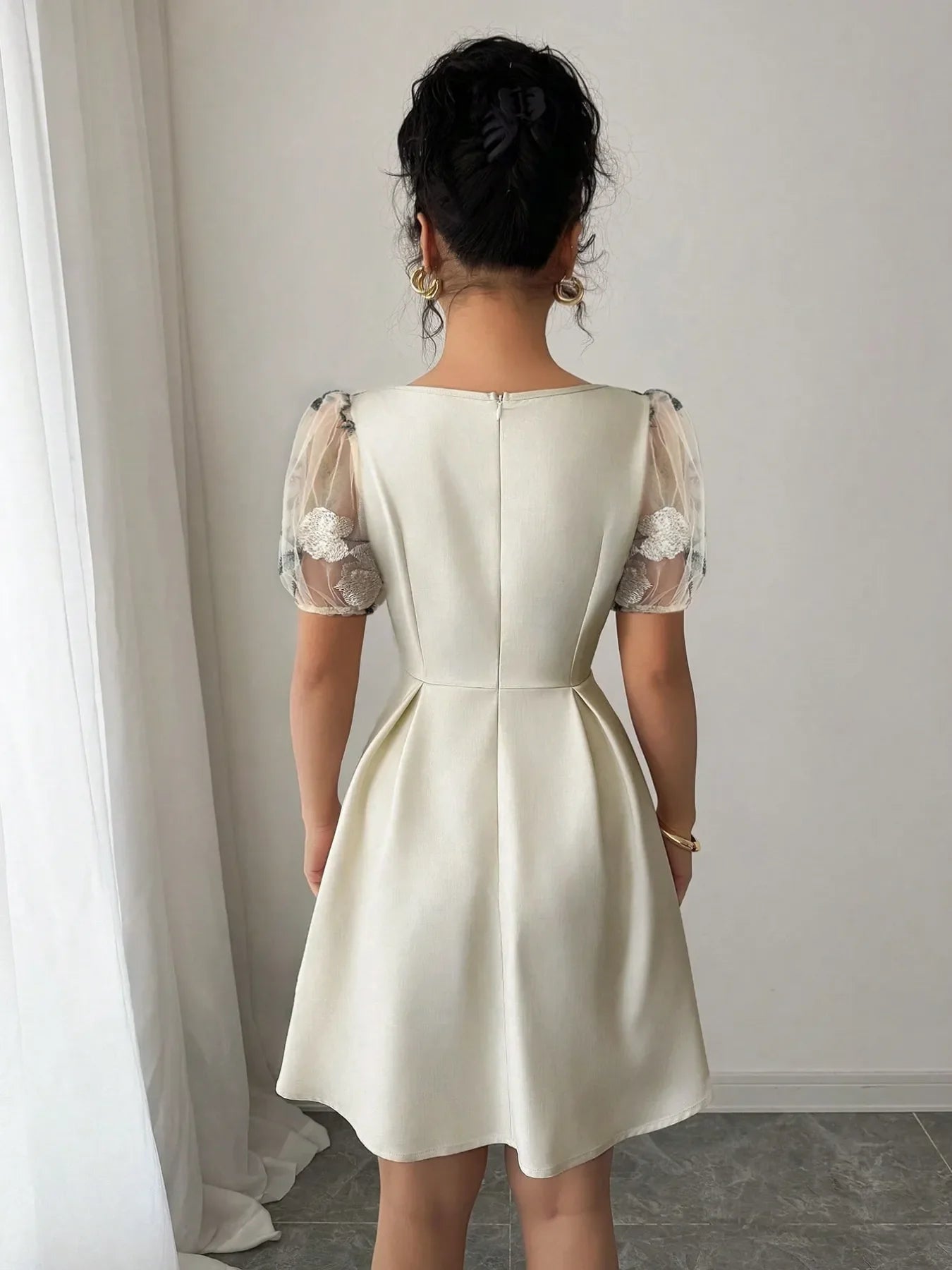 Ivory Square Neck Floral Sheer Sleeve Dress – Elegant Romantic Mini Dress for Women
