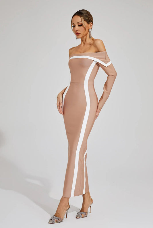 Off shoulder apricot&white maxi dress
