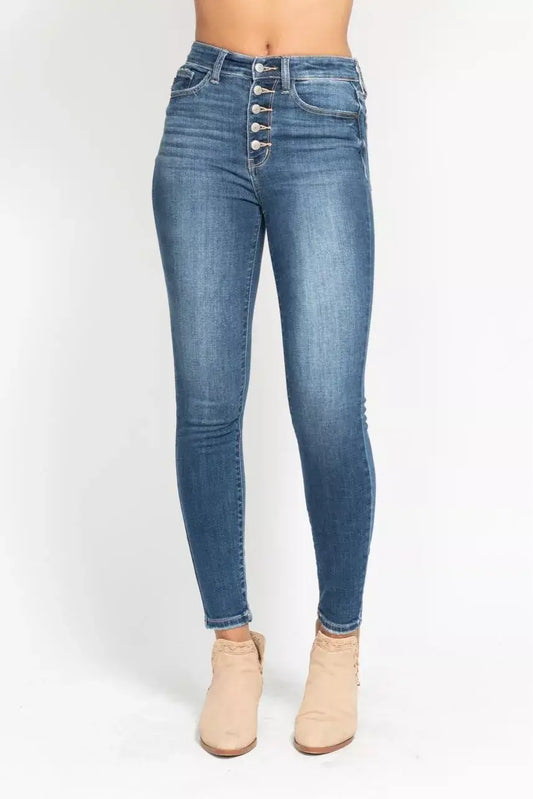 Dusty Dark Blue Full Size High Rise Button Fly Skinny Jeans Plus Size