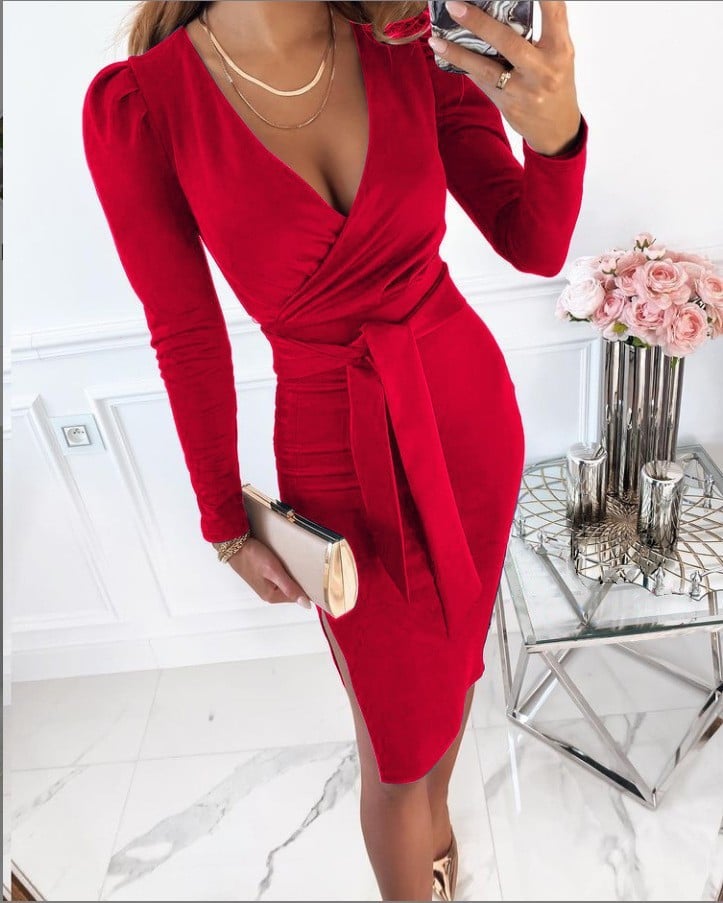 Eva | Stylish V-Neck Tie Straps Midi Dress