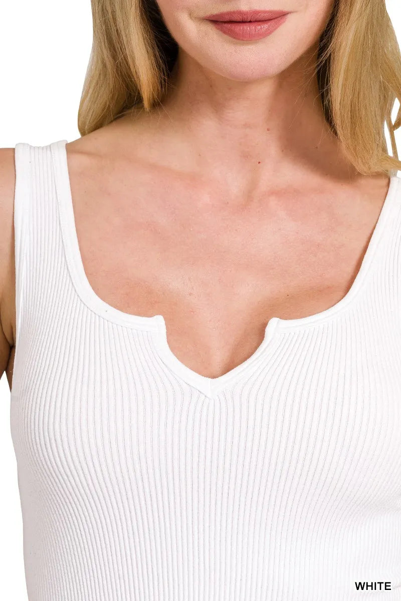 White Split Neck Bra Tank – Seamless Comfort