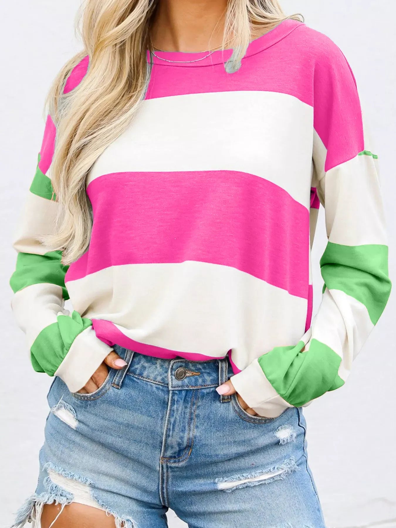 Women’s Color Block Drop Shoulder Long Sleeve Top – Casual Loose Fit Pullover Shirt