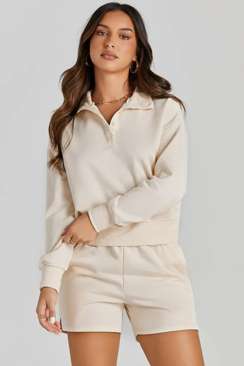 Sweatshirt and Shorts Set – Half Button, Sporty Fit