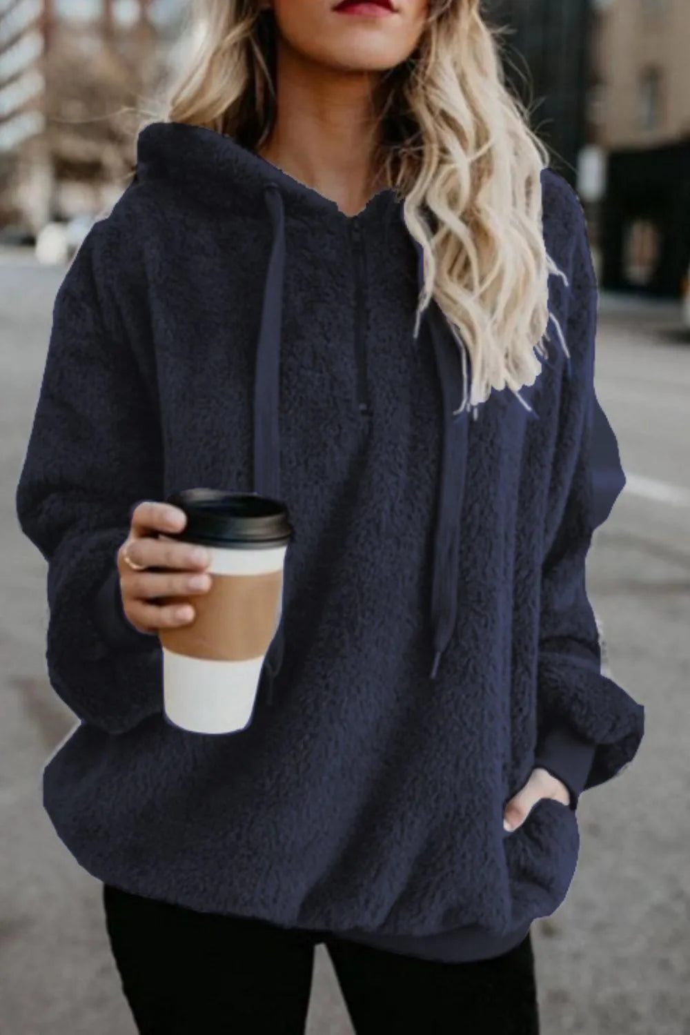 Cozy Quarter-Zip Teddy Hoodie – Full Size, Plush & Playful with Drawstring Style