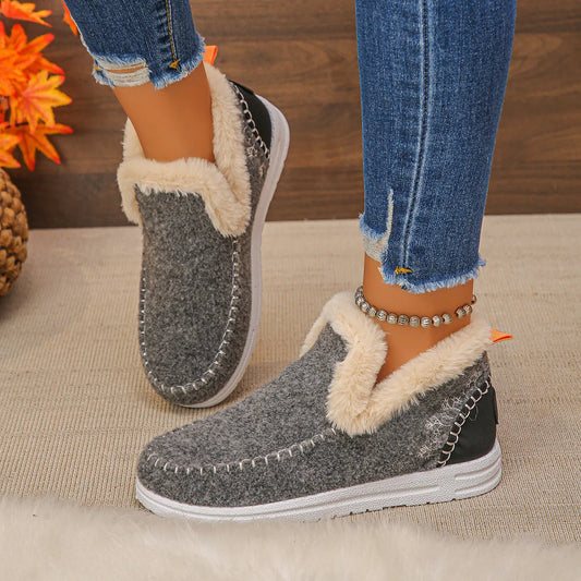 Round Toe Fleece-Lined Ankle Boots – Cozy Winter Boots for Women Gray