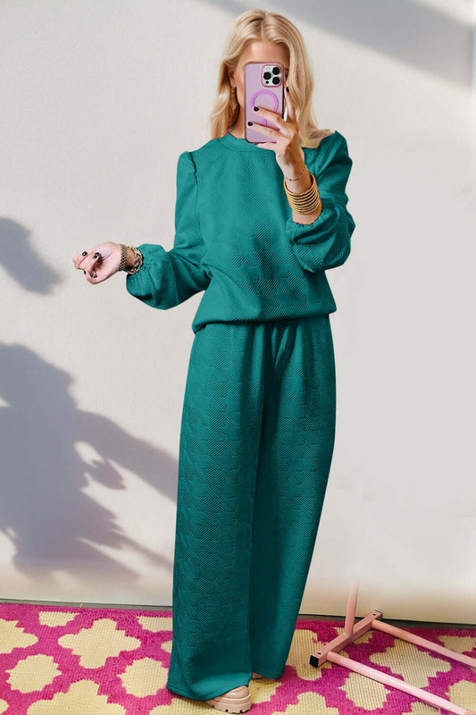 Double Take Texture Long Sleeve Top and Wide Leg Pants Set