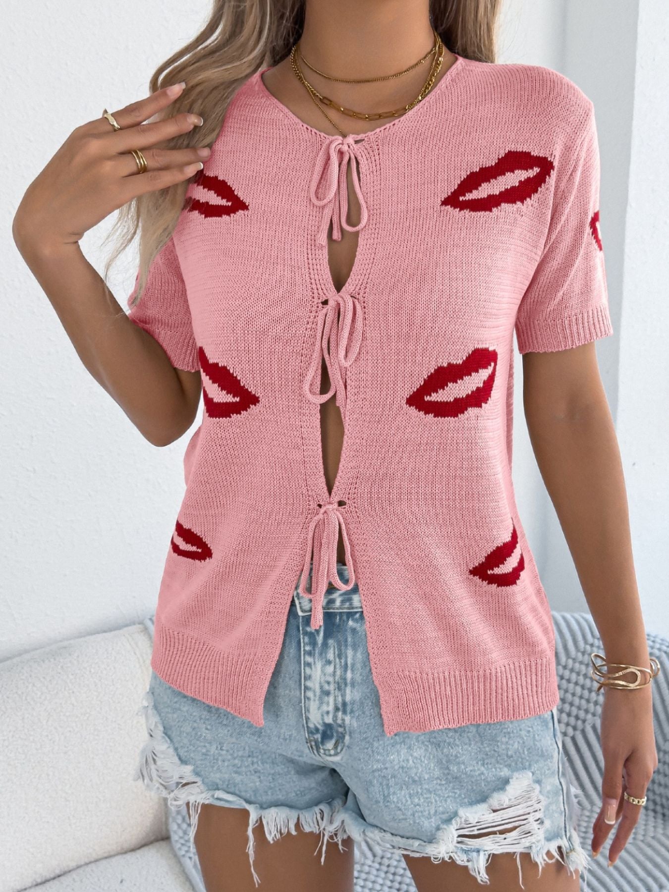 Lips Tie Front Knit Cardigan