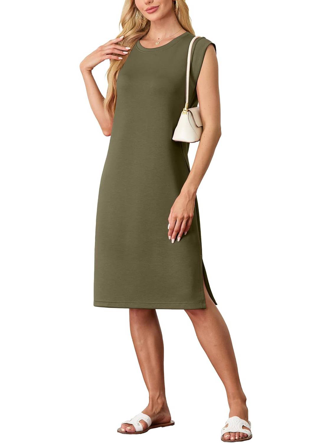 ⏰Hot Sale-Women Round Neck Loose Split Wrinkle-Free Midi Dress with Pockets(Buy 2 Free Shipping)