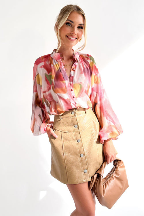 Make Yourself Happy Print Button Down Long Sleeve Top - 4 Colors Peach Pink