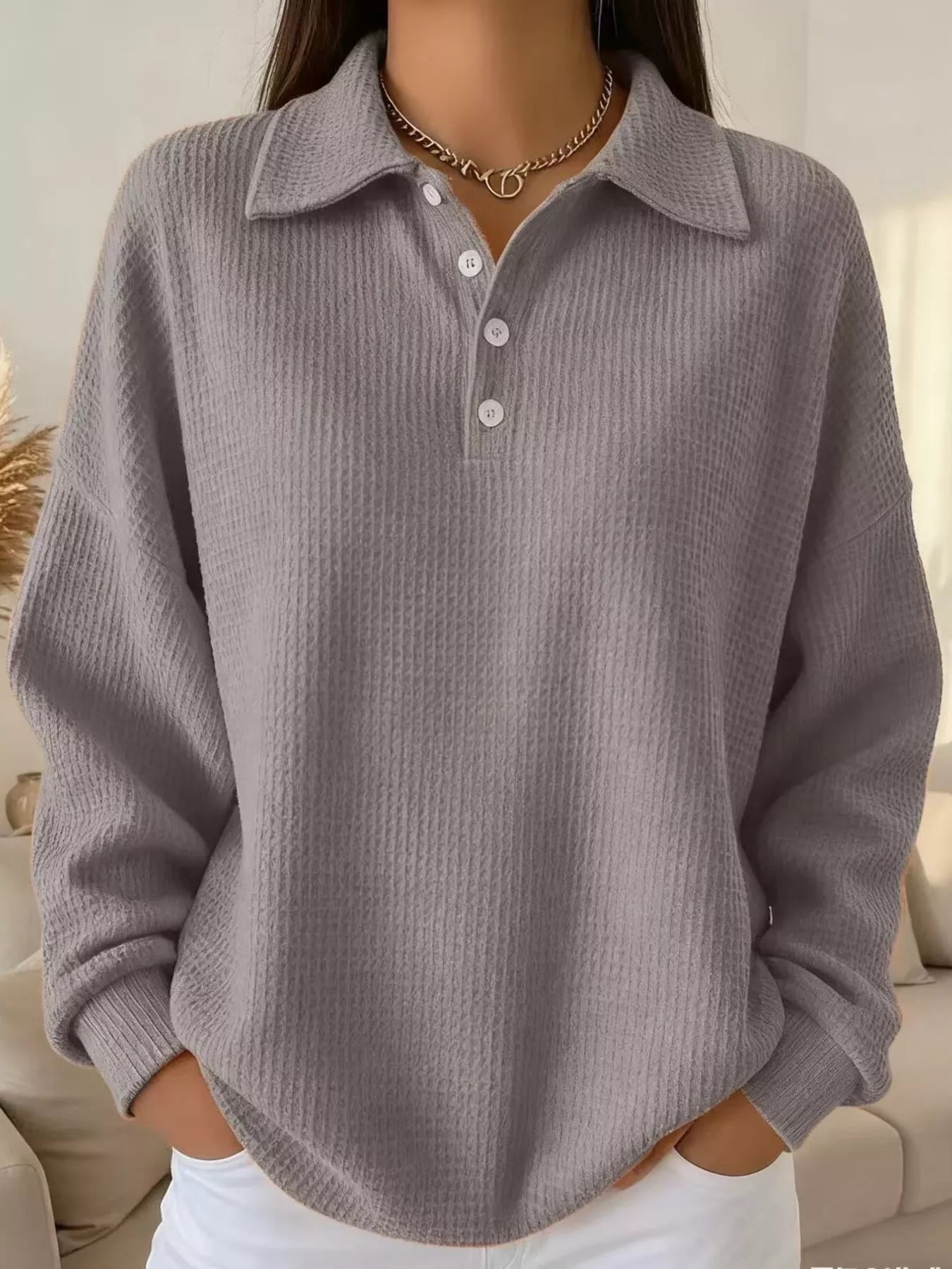 Full Size Waffle Knit Button Detail Sweatshirt Plus Size