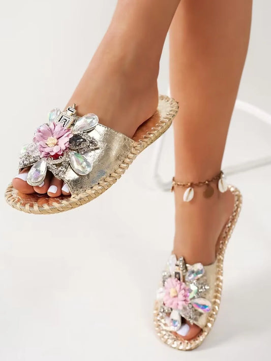 Floral Embellished Slide Sandals Gold