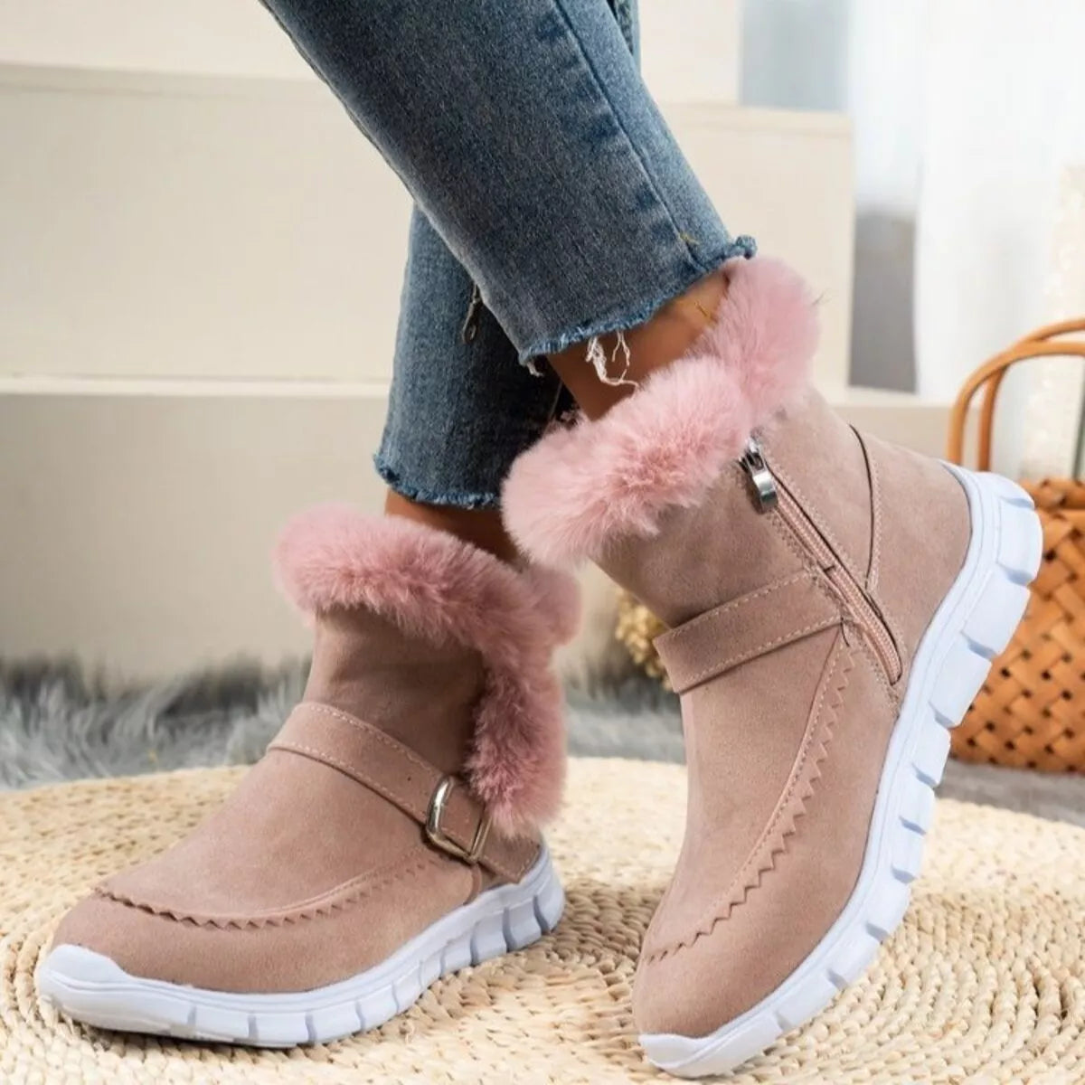 Faux Fur Trim Ankle Boots