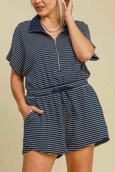 Full Size Half Zip Striped Romper – Plus