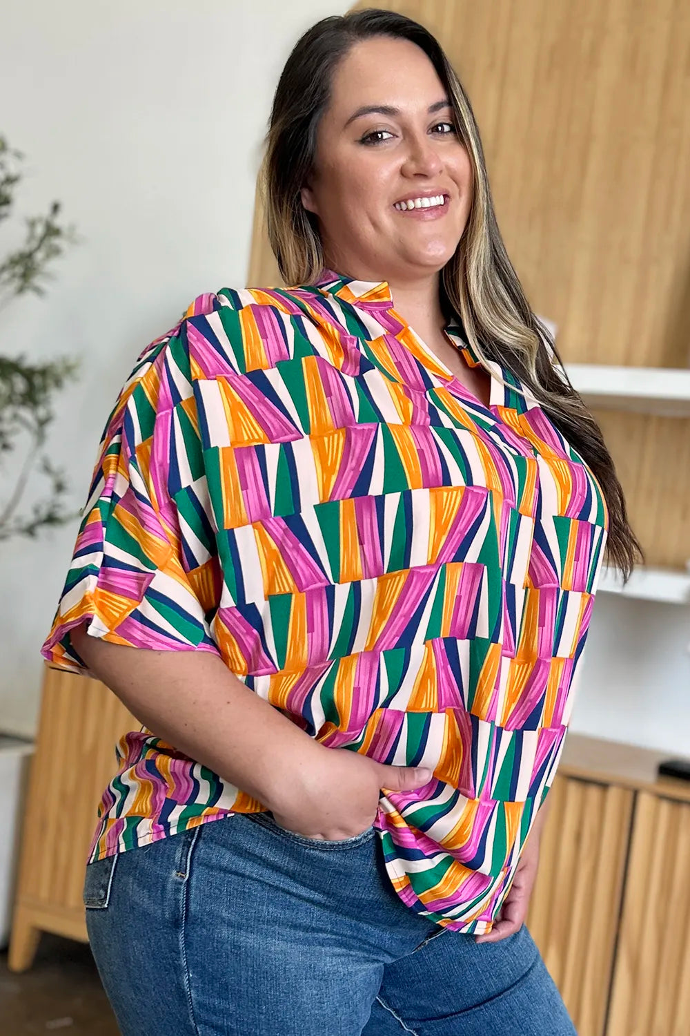 Color Pizazz Notched Dolman Sleeve Top