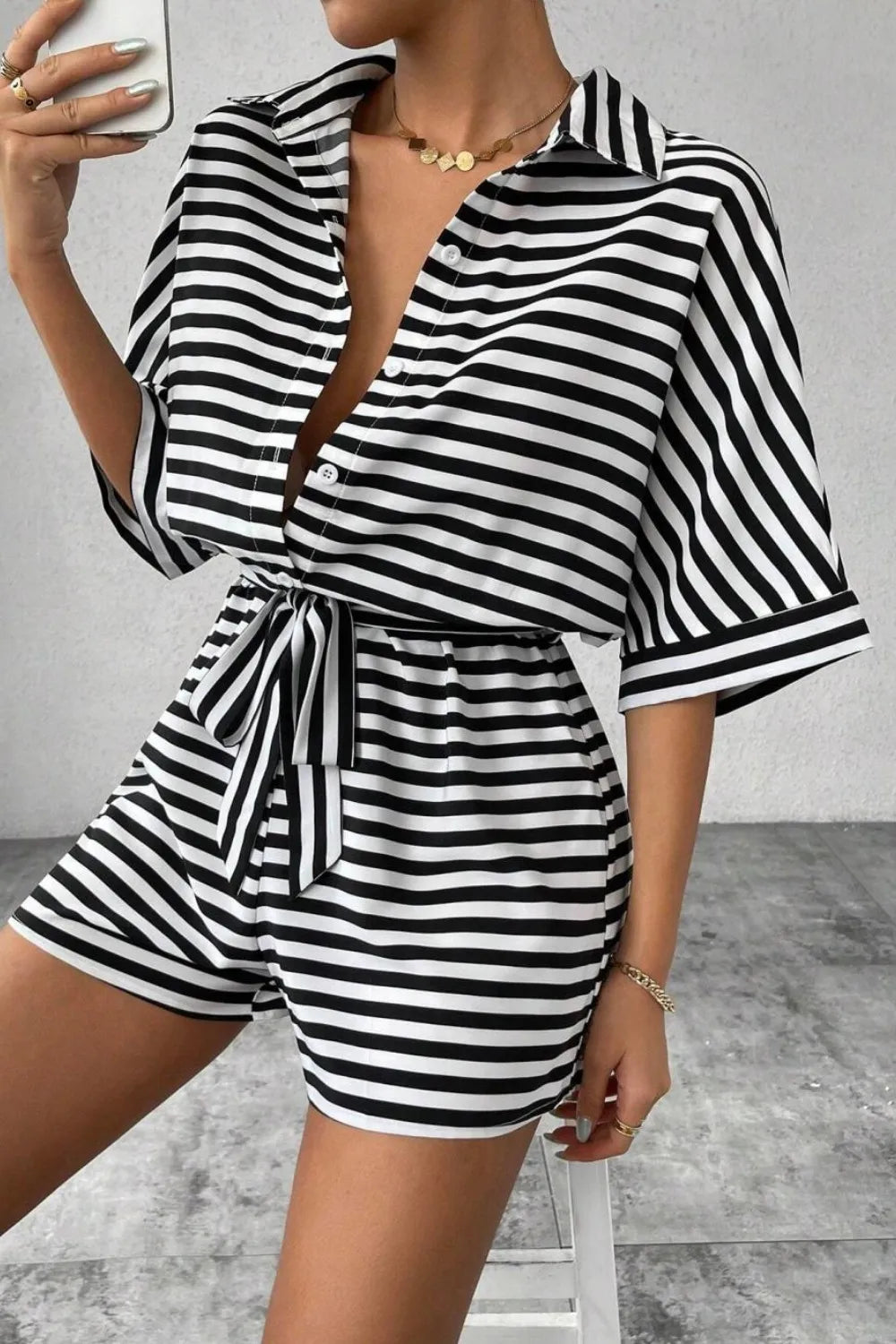 Striped Romper - Collared Tied Waist