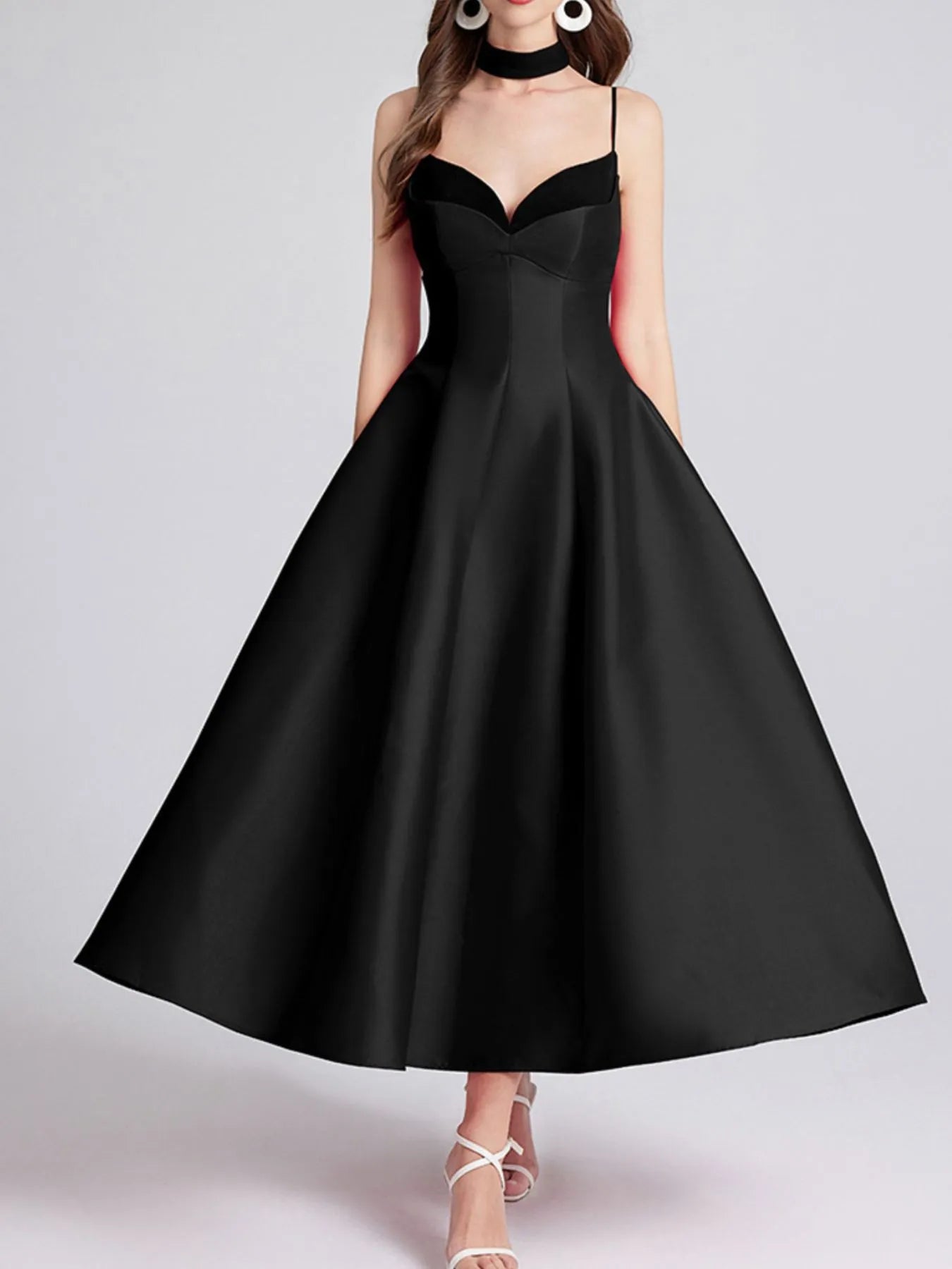 Sweetheart Spaghetti Strap Midi Dress with Collar – Elegant Summer Dress