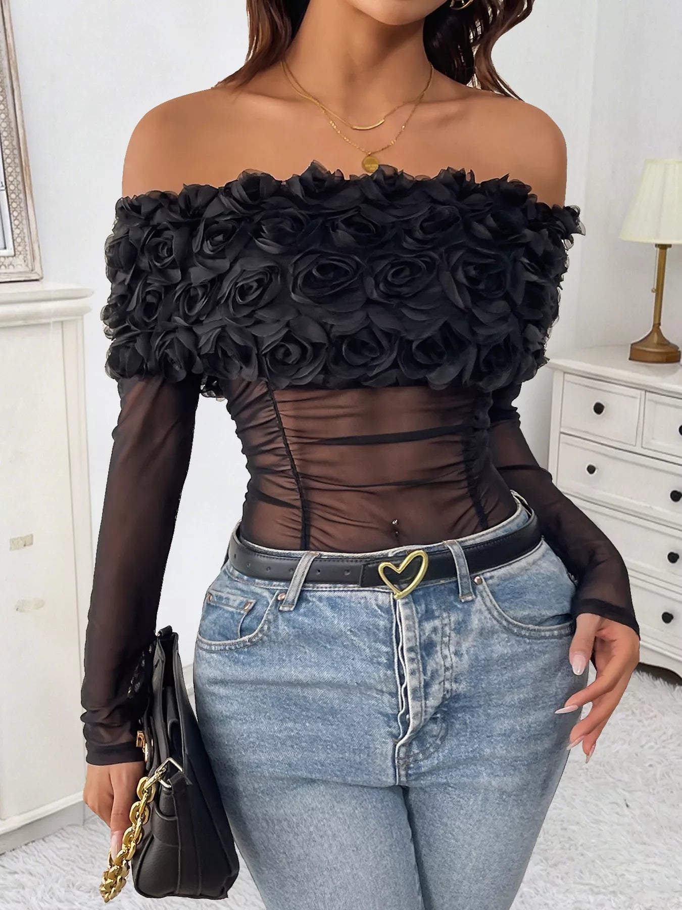 Black Floral Mesh Off-Shoulder Bodysuit for Women – Sheer Sexy Club & Party Top