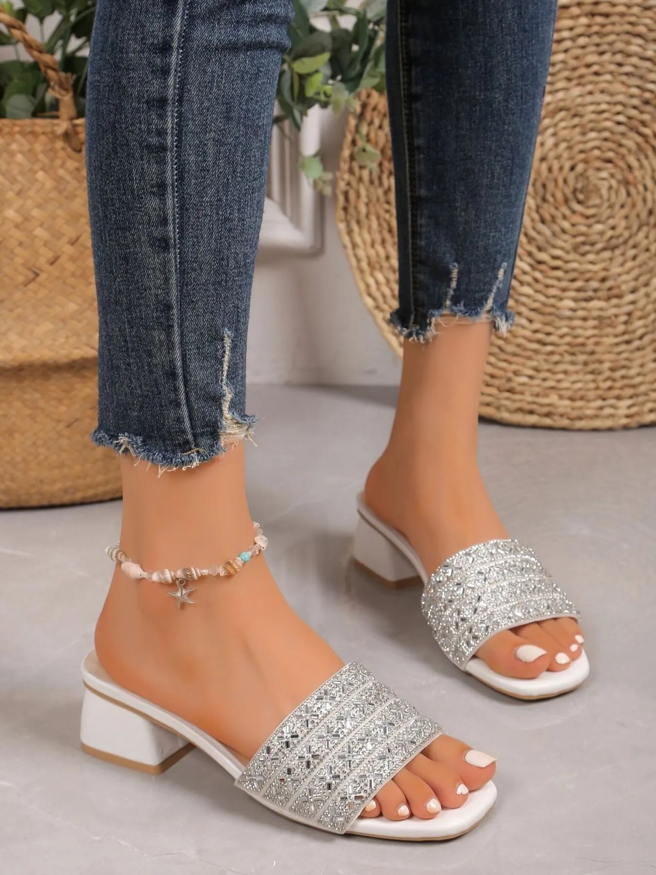 Rhinestone Open Toe Block Heels Sandals